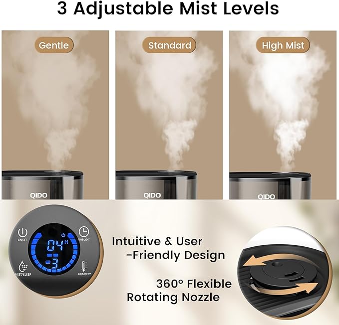 QIDO Top Fill Humidifiers for Bedroom, 5 L Cool Mist 36H Super Long Time, Quiet 28dB Essential Oil Diffuser for Baby & Plants, 3 adjustable Mist with Touch/APP/7-color Nightlight, Auto Shut-off, Black