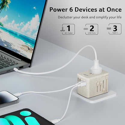 Acer Universal Travel Plug Adapter - International Power Adapter with 5 USB Ports (3 USB C) 5.8A, Worldwide Outlet Charger for USA to European UK France Germany Spain, Type C/E/F/G/I/L/A,Beige