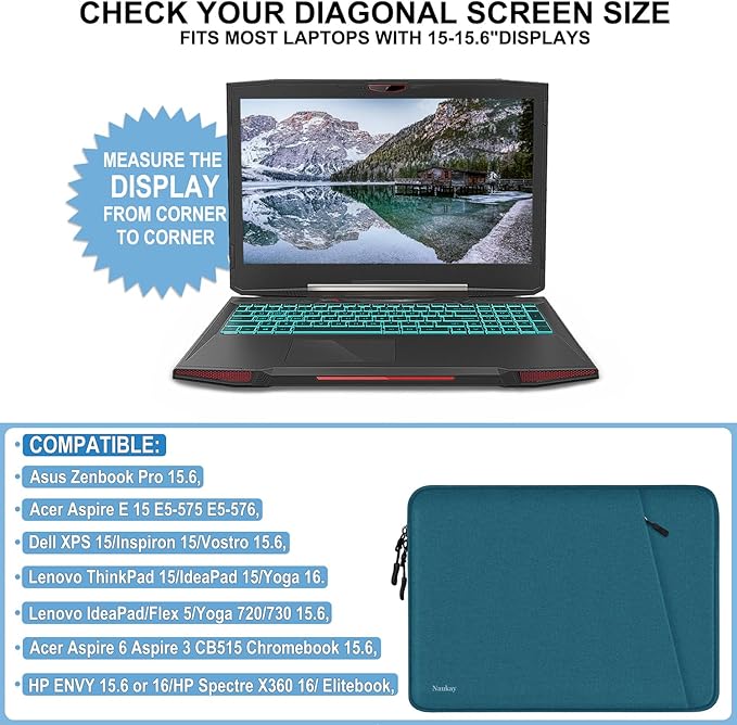 Laptop Sleeve 15.6 inch, Shockproof Protective Computer Sleeve Cover with Accessories Pocket, Water Resistant Traveling Carrying Laptop Bag Compatible for MacBook Dell HP Acer Asus Lenovo, Cyan