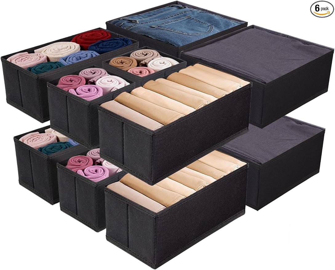 Drawer Organizer Set for Baby Clothes, Nursery Dresser Storage, Closet Dividers for Socks, Underwear, Bra (Black, 12 pcs)