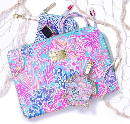Lilly Pulitzer Turtle Shaped Luggage Tag with Secure Strap, Durable Vegan Leather, Colorful Suitcase Identifier for Travel, Splendor in The Sand
