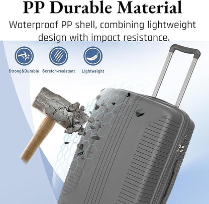 3-Piece PP Hard Shell Spinner Luggage Set (20" 24" 28") with Combination Lock, Adjustable Pull Rod Suitcases,Silver Grey