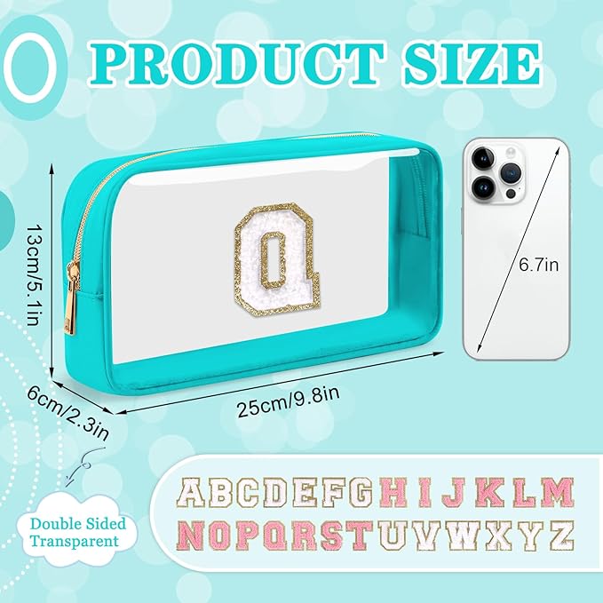 Small Clear Personalized Initial Makeup Bag, Preppy Nylon A-Z Chenille Letter Patch Makeup Organizer TSA Approved Travel Toiletry Bag,Waterproof Zip Beach Cosmetic Pouch Purse for Women(Cyan-White Q)