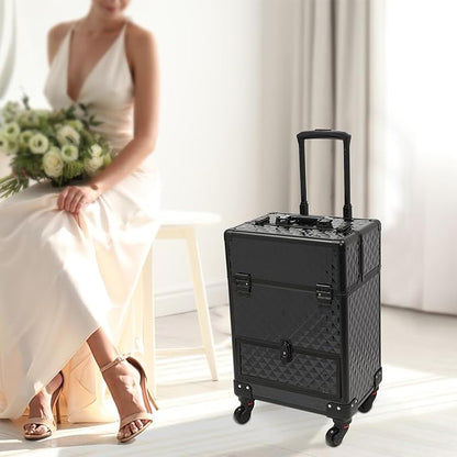 Rolling Makeup Train Case,Multi-functional Cosmetic Trolley with 360° Swivel Wheels Keys,Salon Barber Case Traveling Cart for Nail Technicians Hairstylist (Black)