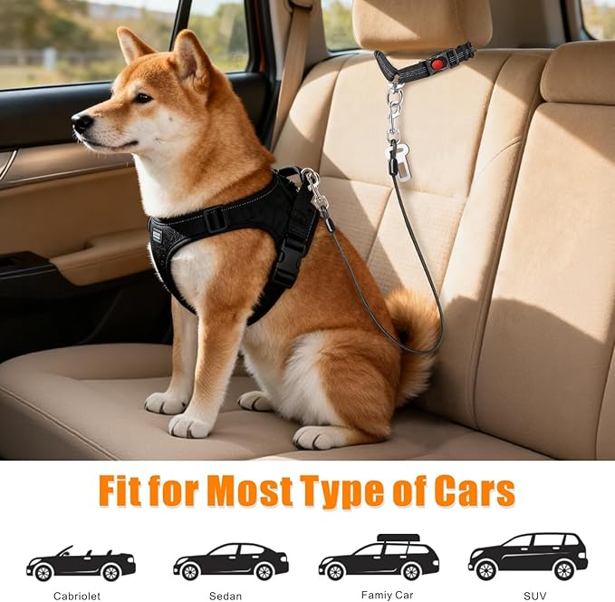 Idepet Dog Seat Belt for Car, 2 Pcs Stainless Steel Chew Proof Dog Seatbelt 3 in 1 Harness for Safety Heavy Duty Pet Seat Belt for Medium & Large Dogs (Black)
