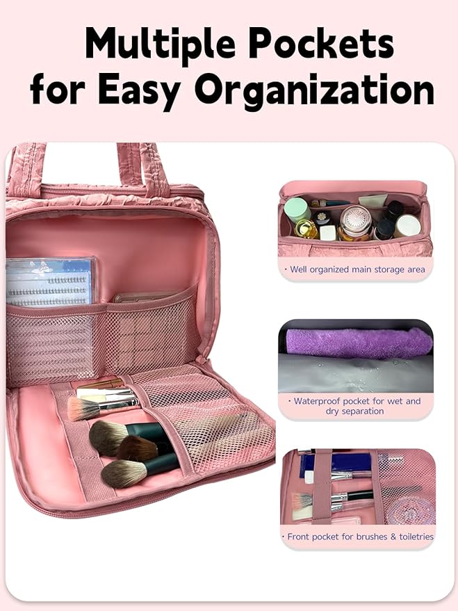 SMONT Travel Toiletry Bag for Women Hanging Makeup Organizer Toiletry Bag Essentials for Women Makeup Bag/Big Compartment, Waterproof,with Multiple Pockets, Ideal for Travel, Gym, School, Pink