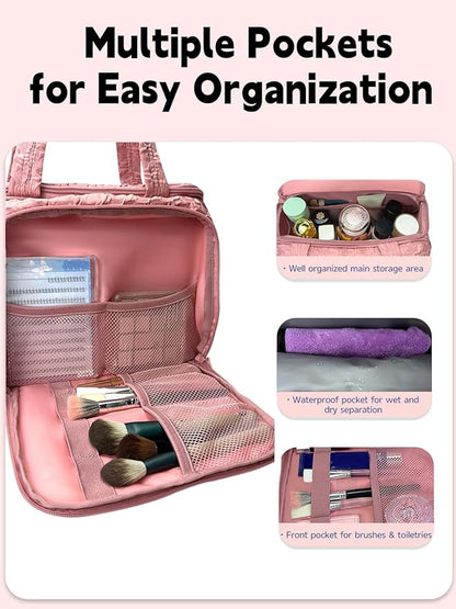 SMONT Travel Toiletry Bag for Women Hanging Makeup Organizer Toiletry Bag Essentials for Women Makeup Bag/Big Compartment, Waterproof,with Multiple Pockets, Ideal for Travel, Gym, School, Pink