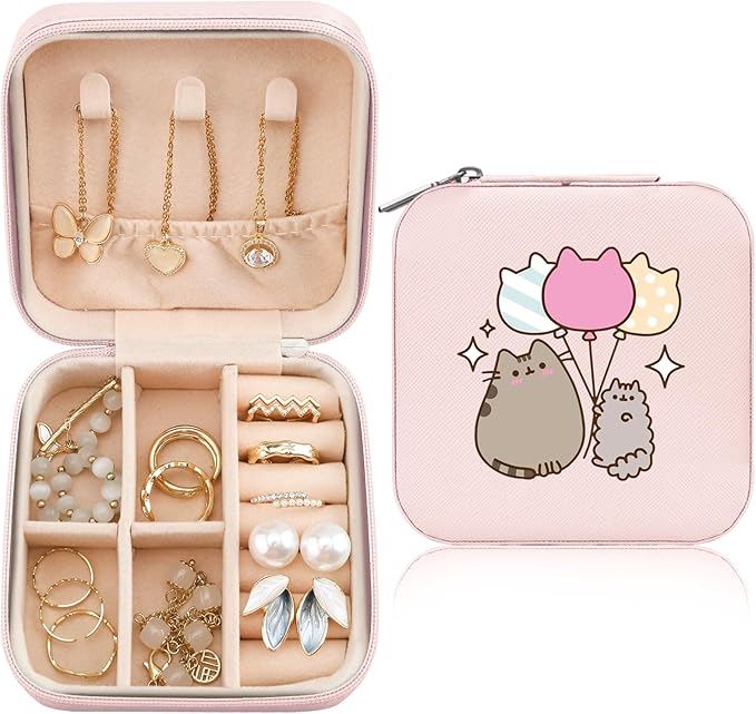 MAYCARI Jewelry Box with Cute Pink Cat Balloon Pattern Design, PU Leather Jewelry Travel Organizer Case-Rings/Earrings/Necklace Storage Box for Women Birthday Mom Friends Her Bridesmaids Girls s
