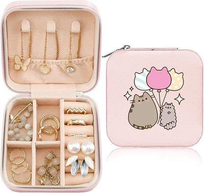 MAYCARI Jewelry Box with Cute Pink Cat Balloon Pattern Design, PU Leather Jewelry Travel Organizer Case-Rings/Earrings/Necklace Storage Box for Women Birthday Mom Friends Her Bridesmaids Girls s