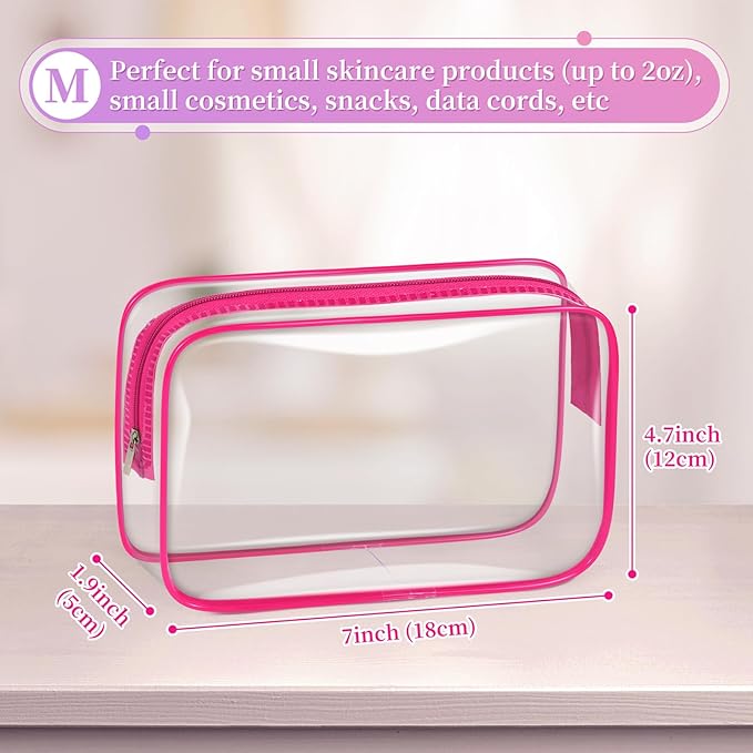 TISRATOK 12 PCS Clear Makeup Bag for Women with Zipper, TSA Approved Toiletry Pouch, Cosmetic Bag Bulk for Travel Organizer Essentials - Rose Red, Medium