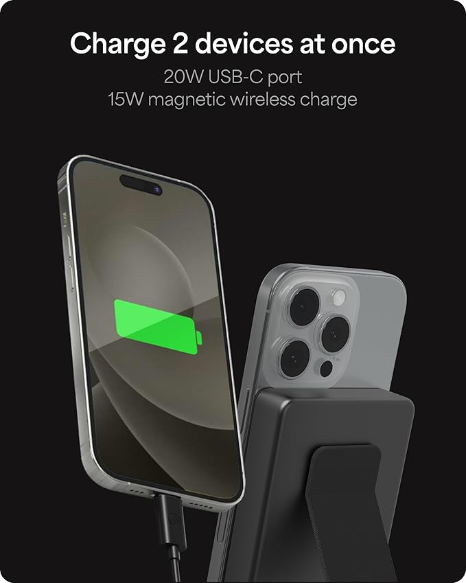 Mophie Powerstation Wireless Slim with Stand 10,000mAh Power Bank – MagSafe Compatible, 15W Qi2-Certified, 30W USB-C PD Fast Charging, Slim Battery Pack for iPhone, Android, Travel & Airplane Use