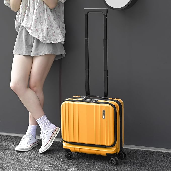 TydeCkare 16" Carry on Luggage with 2 Laptop Compartments, Lightweight Hardshell ABS+PC Suitcase with Dual Control TSA Lock, with YKK Zipper, 4 Spinner Silent Wheels, for Business Travel, Orange