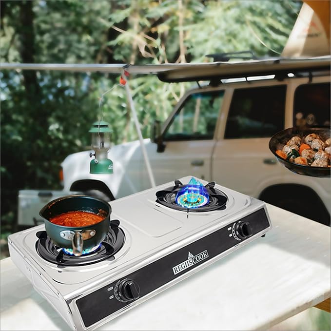 Double Burner Propane Gas Cooktop,Camping Portable LPG Gas Stove, Auto Ignition Stainless Steel Countertop with Regulator and Burner Grate