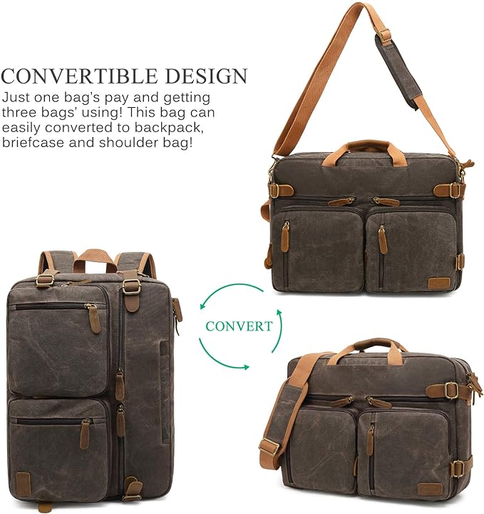 CoolBELL Laptop Messenger Bag Vintage Shoulder Bag Convertible Backpack Retro Briefcase Versatile Travel Bag Fits 17.3 Inch Laptop For Men Business (Waxed Canvas Brown)