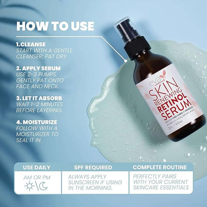 Eva Naturals Retinol Serum for Face with Hyaluronic Acid – Anti Aging Skin Care for Fine Lines, Wrinkles, Dark Spots & Blemish – Brightening Resurfacing Serum for Post Acne and Sensitive Skin – 2oz