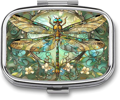 Metal 2 Compartment Pill Organizer Travel Friendly Portable Compact Pill Box Cute Pill Case to Hold Vitamins,Fish Oil,Supplements,Meds,Tablet for Purse,Pocket. (Dragonfly)