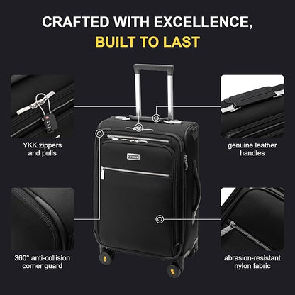 LEVEL8 Carry On Luggage with Compartment, 20 Inch Softside Expandable Travel Suitcase with Spinner Wheels, Top Opening Luggage, Men and Women, Black