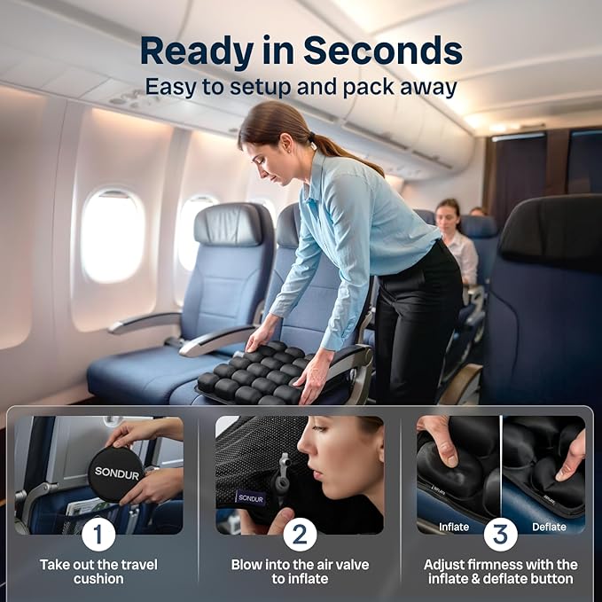 Travel Cushion – CloudAir Technology Airplane Seat Cushion – Inflatable Travel Cushion for Long Flights – Portable Air Cell Design, Puncture-Resistant Waterproof Pad – Black