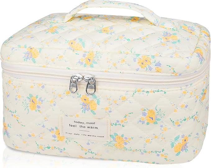 Large Makeup Bag, Cute Cosmetic Bag for Women Girls, Floral Coquette Aesthetic Toiletry Bag, Travel Make Up Organizer Bag (Yellow Flowers)