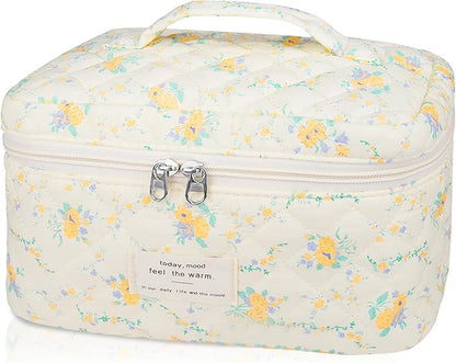Large Makeup Bag, Cute Cosmetic Bag for Women Girls, Floral Coquette Aesthetic Toiletry Bag, Travel Make Up Organizer Bag (Yellow Flowers)