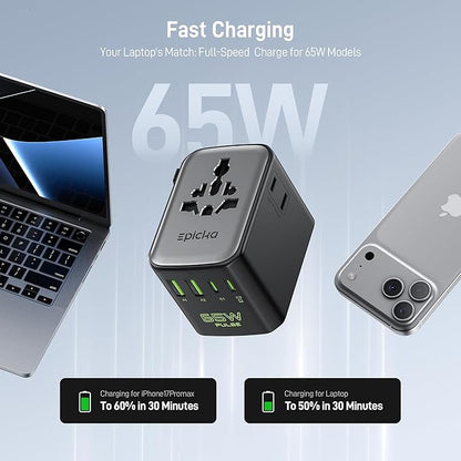 Epicka Pulse Duo 65W International Power Adapter, Universal Travel Adapter with 6-Port (2 AC/2 USB-A/2 USB-C), European Travel Plug Adapter with PD & QC 3.0 Fast Charging, Travel Essentials (Black)