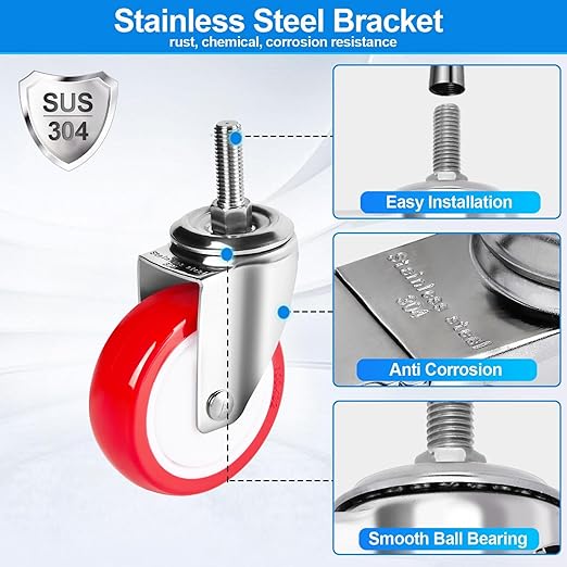 4 inch Stainless Steel Caster Wheels Heavy Duty, 1/2"-13x1-1/2 Threaded Stem Casters Set of 4, Rust Resistant, Non-Marking Polyurethane PU Wheels for Hospital, Lab, Furniture, Restaurant