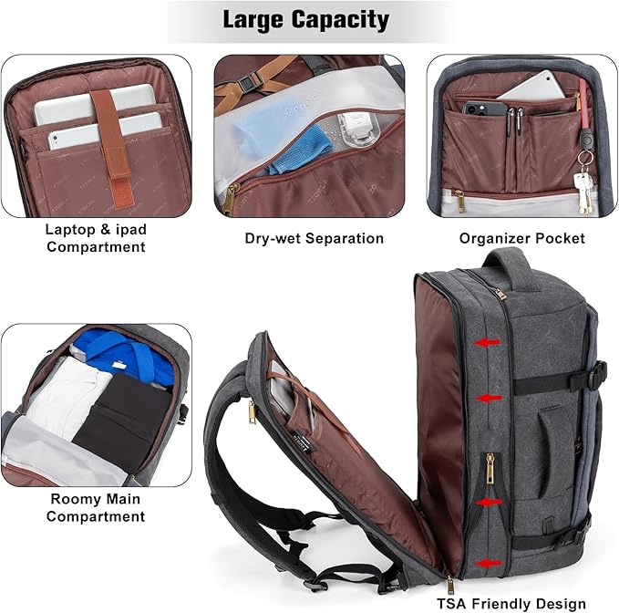 Tzowla 40L Canvas Expandable Travel Laptop Backpack for Men Women Carry on Flight Approved,Large Capacity Anti Theft Backpacks with USB Port,Vintage Personal Item Bag Fit 17.3" Laptop(Black & Blue)