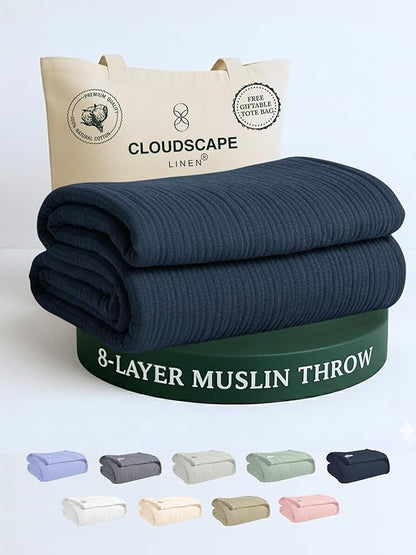 Cloud Scape Linen Extra Large 8 Layer Muslin Throw Blanket - 100% Cotton Gauze, Soft and Breathable, Winter Blanket for Couch, Sofa and Bed, Idea, 50x70, Ensign Blue