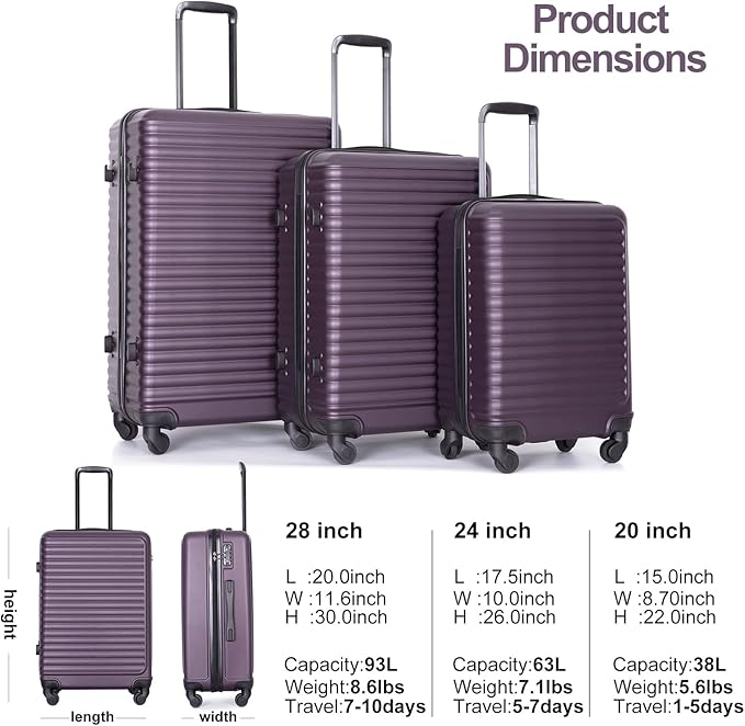 Travelhouse Luggage Sets, Expandable Hardside Suitcases 24in/28in, Carry on 20in,3 Piece Set Travel Luggages Clearance with Double Spinner Wheels TSA Lock Lightweight (Purple-85)