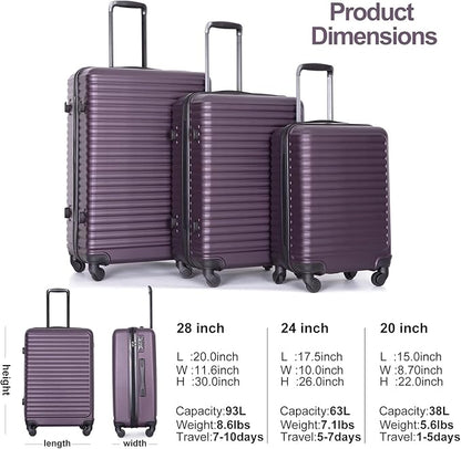 Travelhouse Luggage Sets, Expandable Hardside Suitcases 24in/28in, Carry on 20in,3 Piece Set Travel Luggages Clearance with Double Spinner Wheels TSA Lock Lightweight (Purple-85)