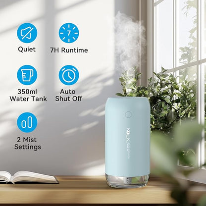 Portable Mini Humidifier, KQLKJ 350ml Small Cool Mist Humidifier, USB Personal Desktop Humidifiers for Bedroom Car Office Travel with Auto Shut-Off & 2 Mist Modes (Blue)