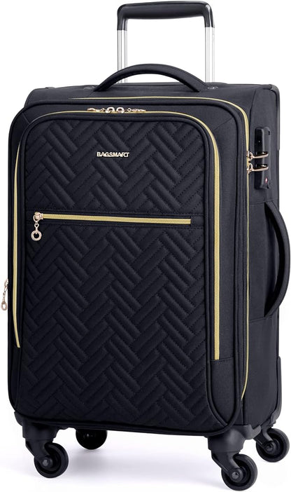 BAGSMART Carry On Luggage 20 Inch,Softside Expandable Suitcase with Spinner Wheels, Luggage 22x14x9 Airline Approved Rolling Lightweight Suitcases for Women Men, Compact Carry-On (Black)