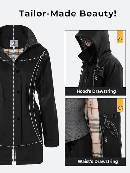 SaphiRose Women's Long Hooded Rain Jacket Outdoor Raincoat Windbreaker