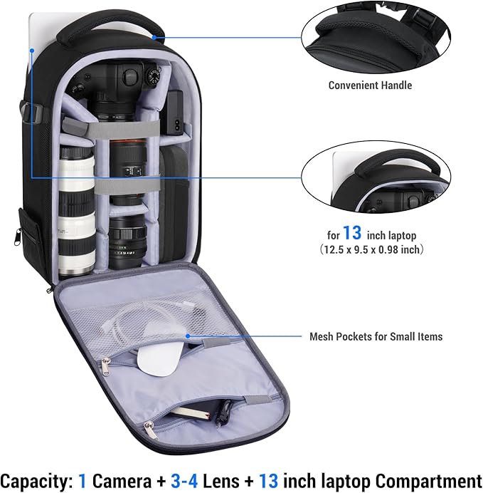 MOSISO Camera Backpack,DSLR/SLR/Mirrorless Photography Camera Bag Full Open Waterproof Hardshell Bag with Insert&Tripod Holder&Laptop Compartment Compatible with Canon/Nikon/Sony, Black