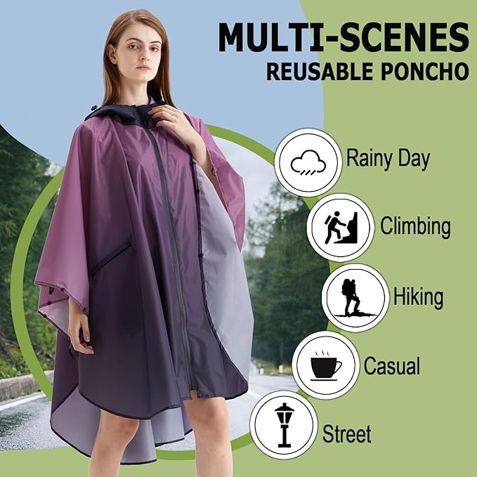 Fashion Hooded Rain Poncho Waterproof Raincoat Jacket with pocket for Women/Men/Adult