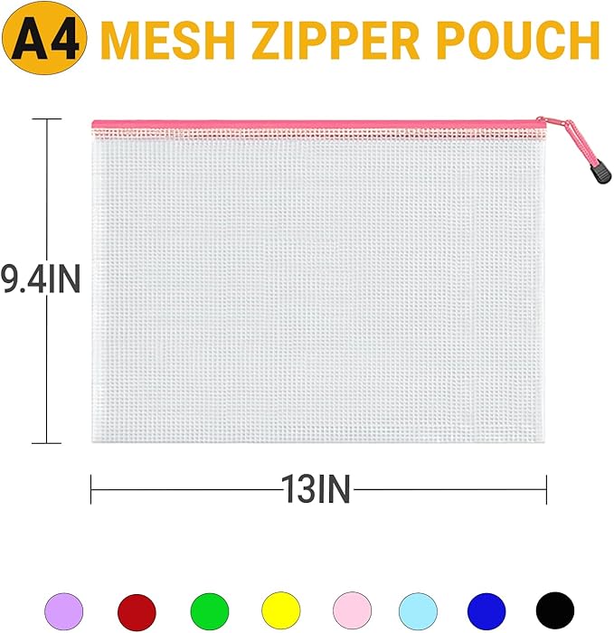 Mesh Zipper Pouch Bags, A4 Letter Size, 24 Pack 8 Colors Mesh Bags, Waterproof Document Zipper Pouches for Office School Supplies, Toys, Cosmetics Travel Storage(13''×9.5'')