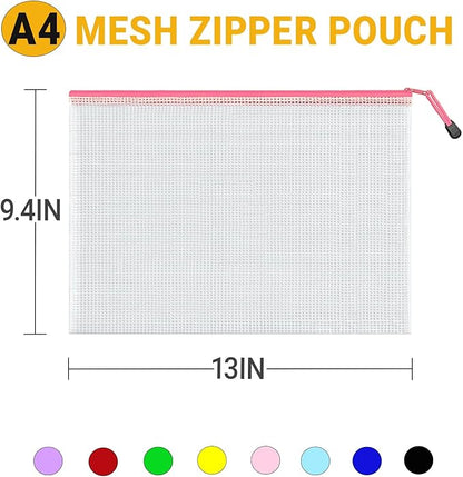 Mesh Zipper Pouch Bags, A4 Letter Size, 24 Pack 8 Colors Mesh Bags, Waterproof Document Zipper Pouches for Office School Supplies, Toys, Cosmetics Travel Storage(13''×9.5'')