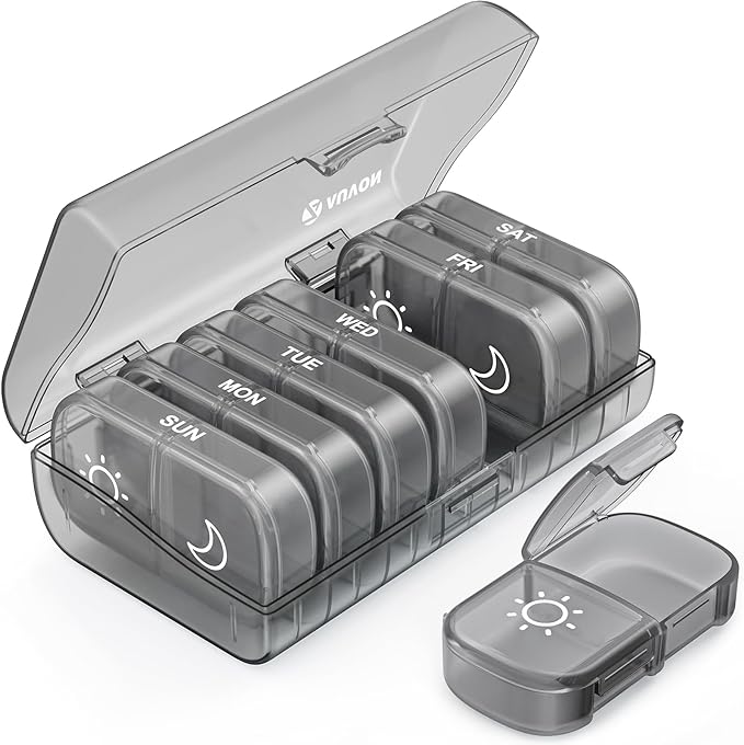 AUVON XL Weekly Pill Organizer 2 Times a Day, Pill Box 7 Day with One-Side Large Openings for Easy to Use, Gray AM PM Pill Case for Medication, Vitamins, Fish Oils, Supplements