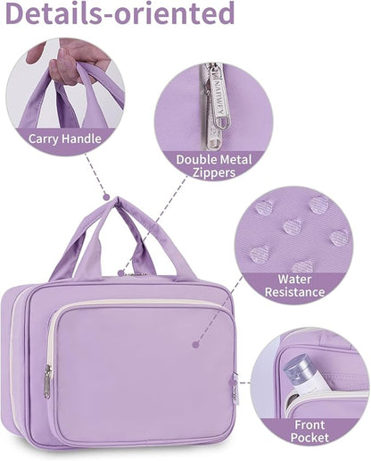 Narwey Travel Toiletry Bag for Women Large Hanging Makeup Bag Organizer Toiletries Bag for Full Size Essentials Accessories Cosmetics (Purple (Large))