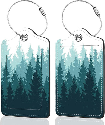 2Pack Luggage Tags for Suitcases, Cute Unique Pu Leather Cruise Luggage Tag with Privacy Cover ID Label Address Card and Metal Ring Suitable for Women Men Kids Travel Bag Green Forest