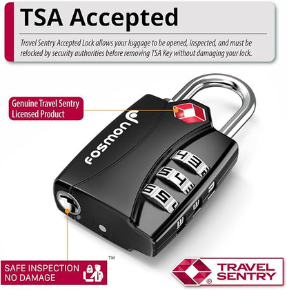 Fosmon TSA Approved Locks for Luggage. Suitcase Locks with Open Alert Indicator, 3 Digit Combination Padlock with Alloy Body for Travel, Backpack Zipper Anti Theft, Locker, Gym, Gun Case, Tent- 3 Pack