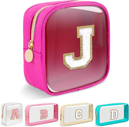 Mini Clear Personalized Initial Makeup Bag,Nylon Preppy A-Z Chenille Letter Patch Zipper Cosmetic Bag, Small Cute Beach Pouch Travel Purse Sanitary Napkin Storage Bag for Women Girls(Hot Pink-White J)