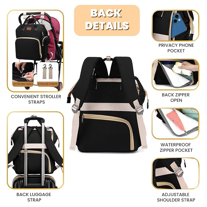 Diaper Bag Backpack with Changing Pad Pacifier Case, Baby Bag for Boy Girl Toddler - Large,Stylish, Waterproof Travel Quilted Diaper Bag for Mom - Baby Shower Gifts, Black
