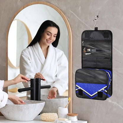 Personalized Travel Cheerleading Toiletry Hanging Bag Waterproof Bags, Custom Name Cosmetic Makeup bag Toiletries Organizer Container Bag, Royal Blue Black Glitters Effect