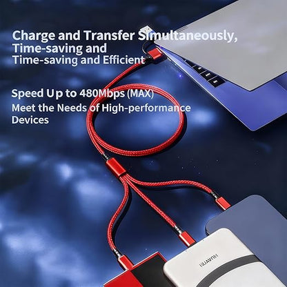 USB Cable PD Fast Charger Lighted Up (USB 6IN1 Braid Red),A Mobile Phone Data Cable, specifically a Fast Charging Cable, Crafted from Nylon Braided Material.