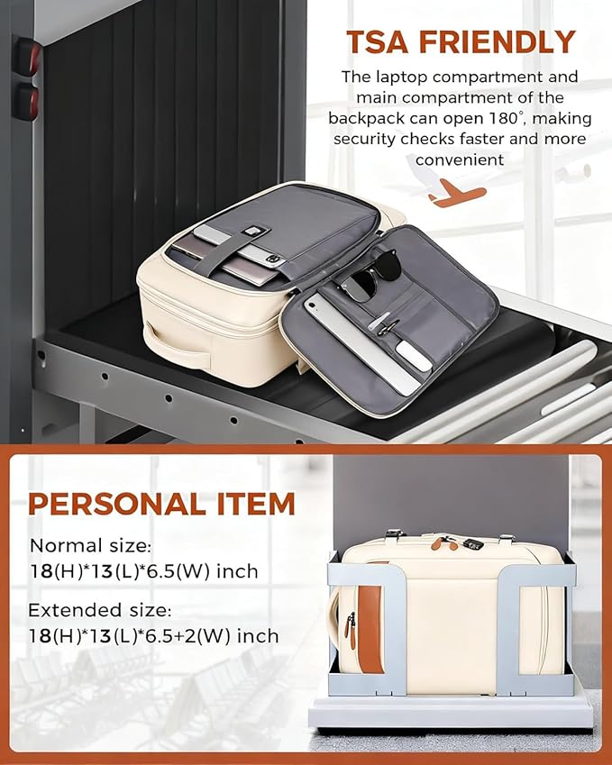 Vancropak Travel Backpack for Women, Airline Approved Carry On Backpack with 3 Packing Cubes, Expandable Large 40L Travel Bag fits 17" Laptop, Anti Theft Luggage Suitcase Weekend Daypack, White Brown