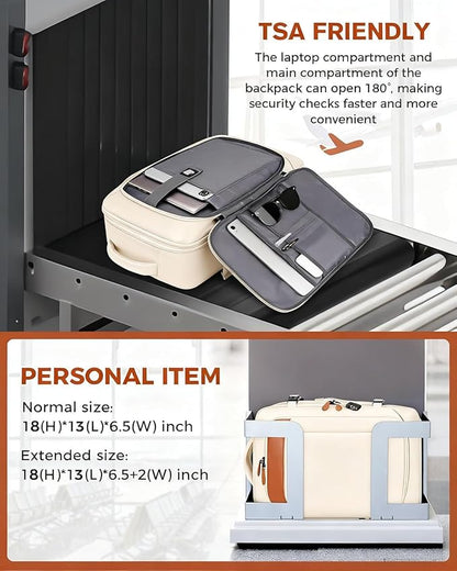 Vancropak Travel Backpack for Women, Airline Approved Carry On Backpack with 3 Packing Cubes, Expandable Large 40L Travel Bag fits 17" Laptop, Anti Theft Luggage Suitcase Weekend Daypack, White Brown