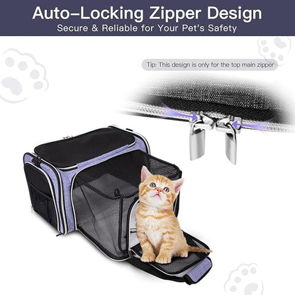 BAGLHER Expandable Cat Carrier with Travel Litter Box, Pet Travel 5 Sides Open Doors 3 Sides, Leak-Proof and Collapsible, for Car, Airplane Trip, Purple