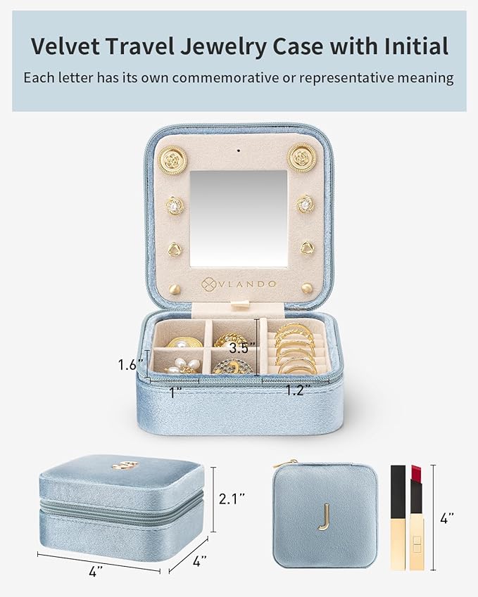 Vlando Birthday Gifts for Women Friendship, Personalized Initial Jewelry Box, Friendship Gifts for Women Friends, Travel Essentials Small Jewelry Box, Travel Box for Girls - Letter J, Blue