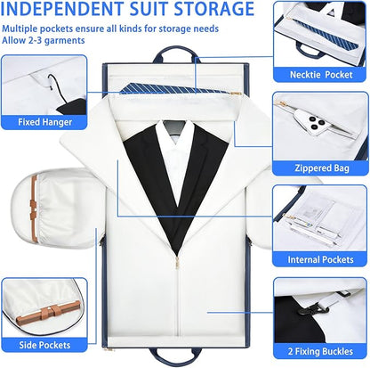 Leather Garment Bag，Convertible Garment Duffel Bag for Travel Mens Suit Bag 2 in 1 Waterproof Foldable Carry on Garment bag with Shoulder Strap Weekender Bag with Shoe Pouch